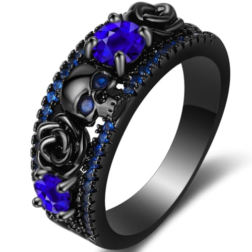 Retro Vintage Stainlless Steel Black Gold Plated Gothic Skull Hallloween Biker Ring (Black Blue, 11)