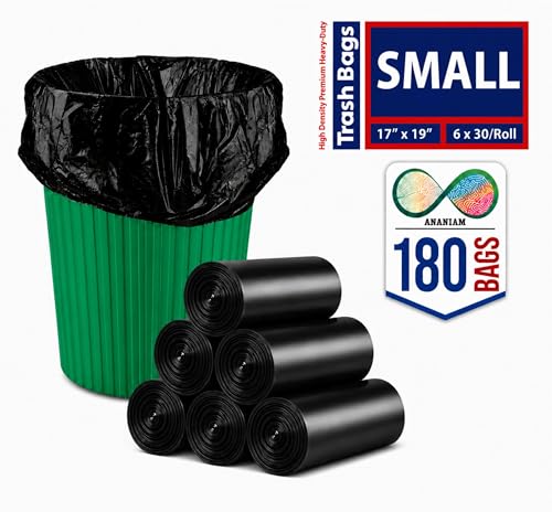 Image of Small Black Garbage Bags 17x19 Inch Trash Bags for Dry & Wet Waste, 180 Bags (6 Roll)