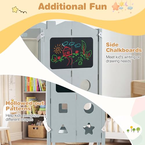 Image of Costzon Folding Toddler Step Stool with Chalkboards, 4-in-1 Standing Kitchen Tower w / 2-Step Stool, Safety Nets & Anti-Tip Feet, Wooden Toddler Tower Foldable for Boys & Girls Aged 2+ (Grey)