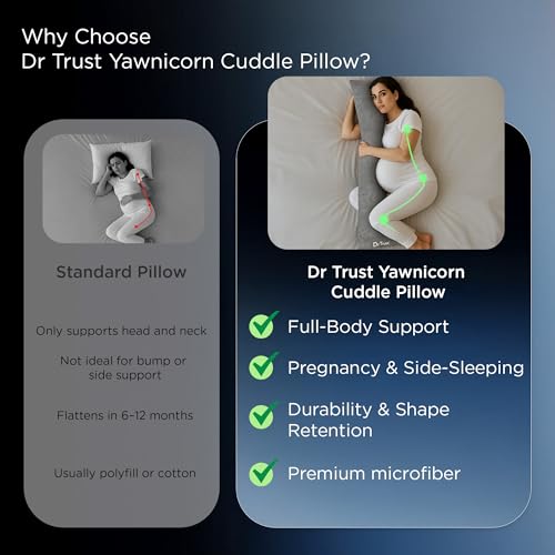 Image of Dr Trust USA 398 Yawnicorn Long Large Cuddle Pillow for Sleeping and Pregnancy, Microfibre Body Side Pillow for Hugging, Relaxing, Washable with Premium Velvet Cover-53x16 Inches (Grey)
