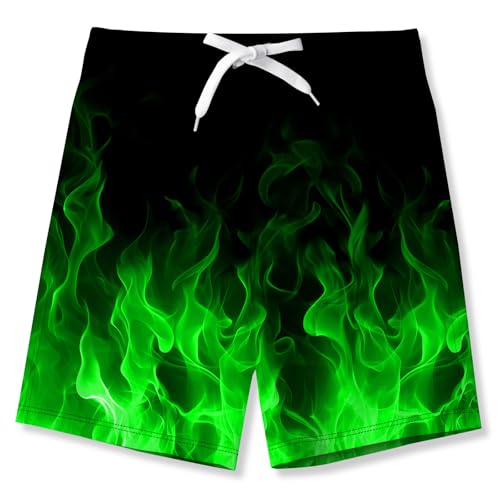 uideazone Big Boys Swimming Trunks Funny 3D Green Fire Print