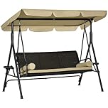 Outsunny 3-Seat Patio Swing Chair, Outdoor Canopy Swing Glider with Adjustable Shade, Rattan Seat, Removable Cushion, Pillows and Steel Frame, for Porch, Garden, Poolside, Khaki