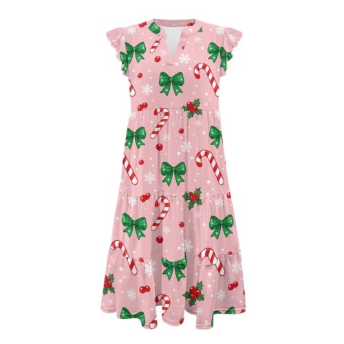 Image of Women's Casual Ruffle Sleeve Dress V Neck Pullover Dress Flowy A-Line Pleated Lightweight Dress with Pockets