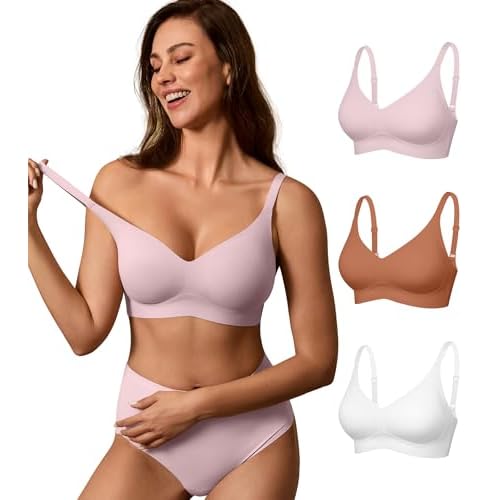 DEANGELMON Seamless Bras for Women No Underwire Comfortable Push Up Bra V Neck Wireless Bralette Full Coverage Wire Free Brown+pink+white Medium