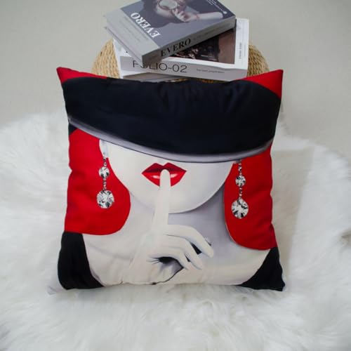 DILOXNSU Cushion Covers Elegant Modern Girl Velvet Square Double Sided Printing Red Black Decorative Pillows Cover for Sofa Bed Home Office Garden Cushions Covers 45 x 45 cm 18 x 18 inch - Image 2