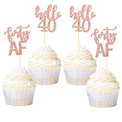 Ercadio カップケーキトッパー 24個パック ハロー40 ローズゴールド グリッター 40 AF カップケーキピック デコレーション 40歳の誕生日 記念日 退職パーティー用品（Amazon）