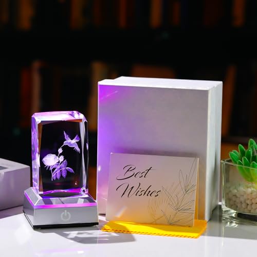 Image of Ornalrist Rose Hummingbird Gifts for Women Crystal 3D Engraved with LED Light Base, Rose and Hummingbird Figurines Rose Gifts Hummingbird Decor for Home Office