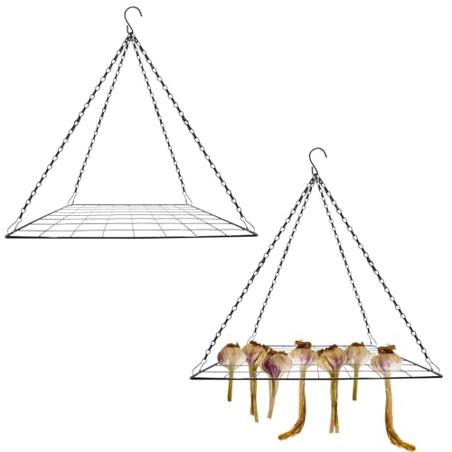 Hiyoo 2 Set Garlic & Herb Drying Rack, Hanging Black Metal Mesh Dryer for Onions Herbs and Plants Flower Drying, Space-Saving Storage Rack for Garden, Kitchen Indoor & Outdoor Use (13.8'' x 13.8'')