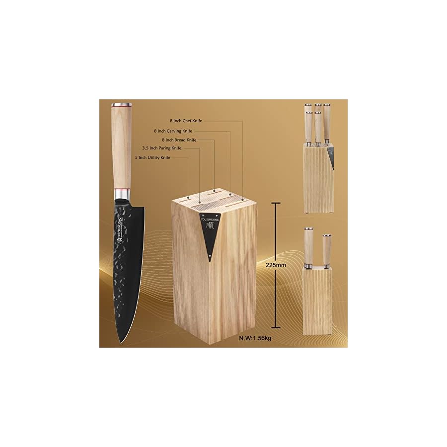 YOUSUNLONG-Knife-Block-Sets-5-Piece-Chef-Knife-Set-Japanese-AUS8-Steel-Black-Titanium-Natural-Fraxinus-Americana-Wood-Knife-Holder-Canadian-Maple-Wood-Handle-With-Gift-Box YOUSUNLONG Knife Block Sets - 5 Piece Chef Knife Set - Japanese AUS8 Steel Black Titanium - Natural Fraxinus Americana Wood Knife Holder - Canadian Maple Wood Handle - With Gift Box