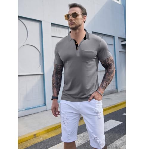 Image of Men's Short Sleeve Polo Shirts Buttons Collared T Shirts with Pocket