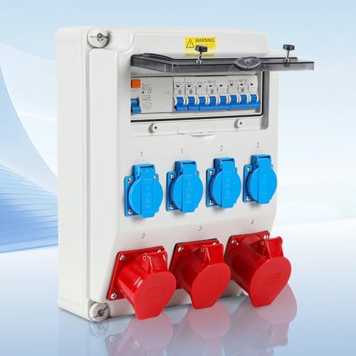 𝐅𝐨𝐠𝐦𝐢𝐞𝐚 Baustromverteiler, 4 Schuko, CEE 16/32 A, FI und LS-Schalter | 5-poliger Wandverteiler mit 4 Schuko-Steckdosen, CEE 16/32 A, FI-Schutzschalter und Leitungsschutzschalter.