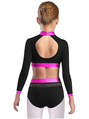 Kids Girls 2 Piece Gymnastics Dance Outfit Sparkle Dancewear Long Sleeve Crop Tops with Briefs Set2