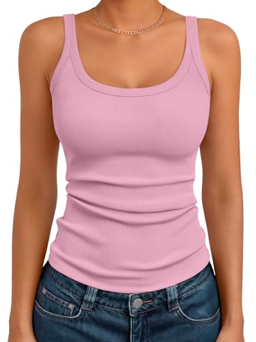 Trendy Queen Tank Tops for Women Summer Racerback Workout Tops Ribbed Spaghetti Strap Camisole Going Out Clothes 2025 Pink M