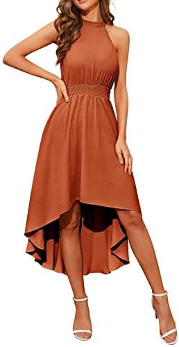 MUADRESS Women’s Summer Casual Halter Neck A Line Dress Sleeveless Smocked Waist High Low Ruffle Midi Dress