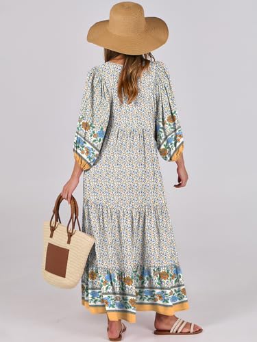 Image of ANRABESS Womens Boho Floral 3 /4 Puff Sleeve Maxi Dress | Tiered Flowy Loose Fit, Comfy Soft Rayon Fabric, Wedding Guest Church Beach, Modest Elegant, Spring Summer Fall Outfits