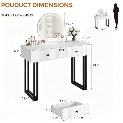 Garvee Modern White Makeup Vanity Desk with Mirror and Lights, Vanity Table with 3 Color Adjustable Brightness, 2 Drawers for Bedroom Dressing Room - image 2