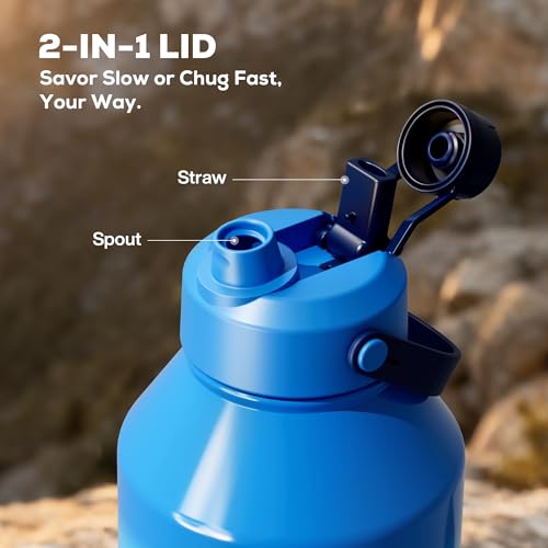Image of POWCAN 64 oz Insulated Water Bottle with 2-in-1 Straw and Spout Lid, Leakproof, Carrier Bag, Cleaning Brush, BPA-Free, Metal Water Bottle with Handle for Outdoors, Sport, Gym and Hiking (Shoreline)