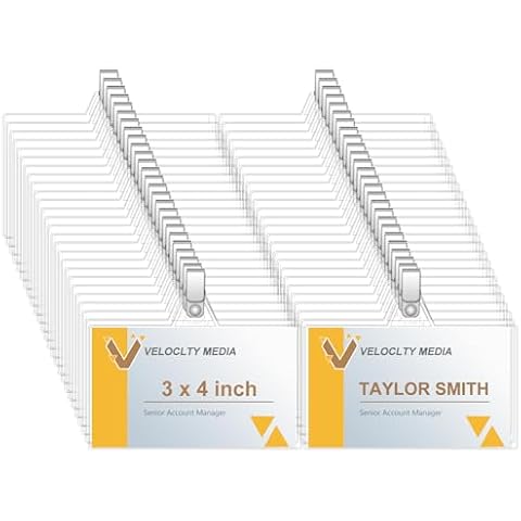 Name Badge Holders with Clip - Fushing 100PCS Clear Plastic ID Badge Holders with Badge Clips for 3 x 4 Inch Name Badge Inserts Cover