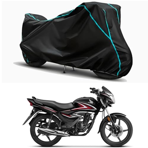 Image of Waterproof Bike Body Cover Compatible for | Honda Shine BS6 | Taffeta Fabric, Sky Piping Design, Bottom Elastic Fit | Dustproof, Sun UV & Rain Protection for All Weather.