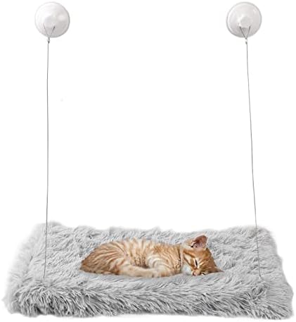 HlinZoom Cat Window Perch, Safety Hammock Window Seat with Strong Suction Cups, Pet Resting Seat with Fluffy Blanket, Providing All Around 360°Sunbath for Indoor (Light Grey)