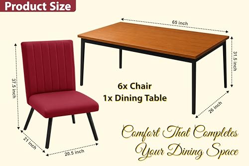 Image of Rosebell 6 Seater Dining Table Set with Cushioned Chairs | Modern Dining Table for Home, Dining Room & Kitchen | Black Metal Legs | Red