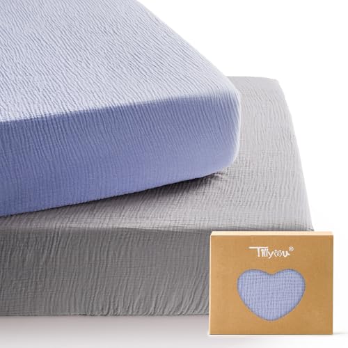 Image of TILLYOU 2 Pack Muslin Crib Sheets for Boys and Girls, 100% Cotton Fitted Crib Sheet for Toddler 52x28 Standard Crib Mattress, Grey and Blue