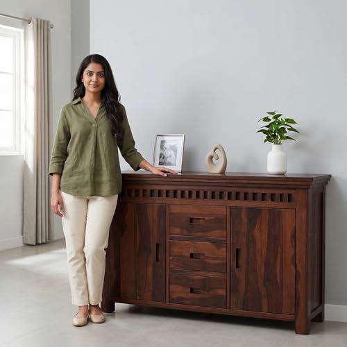 Image of SHIKHA WOOD CRAFT Solid Sheesham Wood Sideboard Cabinet with 2 Doors and 3 Drawers | Wooden Kitchen Cabinet, Crockery Unit, Dining Room Organizer, Living Room Storage Furniture (Kuber Walnut Finish)