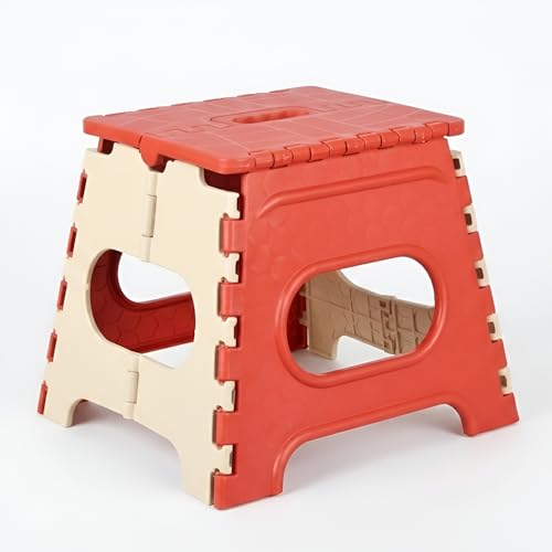 Image of U-MAX 12 Inch Portable Folding Step Stool, Compact, Lightweight & Durable for Kitchen, Bathroom, Outdoor Use (Red-Ivory)