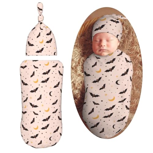 Image of Halloween Bat Newborn Swaddle Blankets Hat Sets Soft Baby Receiving Blanket Swaddle Sack for Baby Shower Infant Boy Girl Gift
