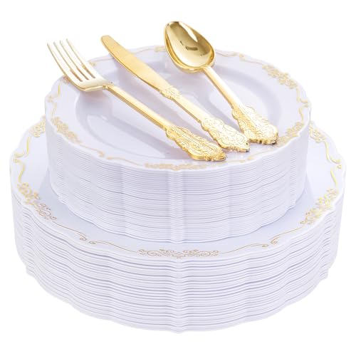 DaYammi 150Pcs White Gold Plastic Plates & Gold Plastic Silverware Set