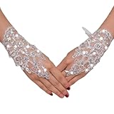 Amazleer Wedding Bride Lace Fingerless Gloves, White Rhinestone Short Party Prom Glove Prom Glove Accessories (White, Onesize, Wedding)