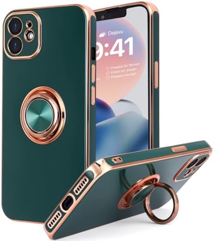 DOGODON Design für iPhone 11 Hülle, Eingebauter 360 ° drehbarer Ringhalter Magnetischer Kickstand Weiches Silikon Ultra Slim Edge Plating Schutzhülle 2019 6,1 Zoll (Dunkelgrün)