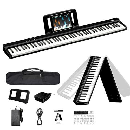 TERENCE Digital Piano 88 Key Weighted Keyboard, Full Size Folding Piano Keyboard with Four Units Speaker System, Music Stand, and Sustain Pedal, Portable Folding Piano Gift Teaching for Beginners