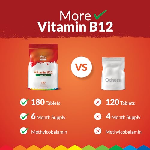 Vitamin B12 1000μG - 180 Vegan Tablets - High Strength Methylcobalamin For Men And Women - 6 Month Supply - Made In The Uk - Nu U Nutrition - 5