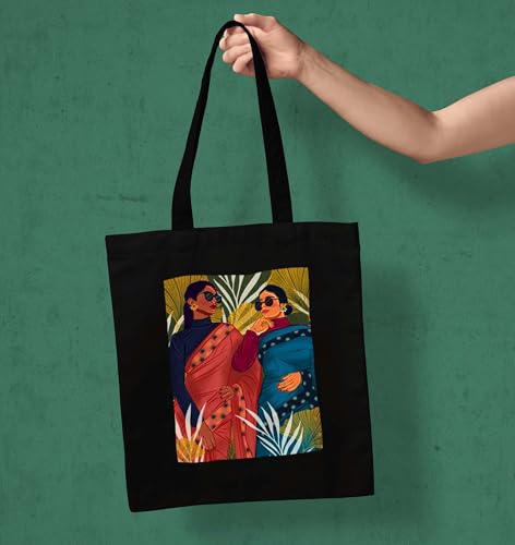 Image of ZORI Black Tote Bag With Pocket Printed Designed Canvas Tote Bags For Women large capacity,Tote bag For Shopping, College, Travel, More Canvas Handbag For Unisex Bag