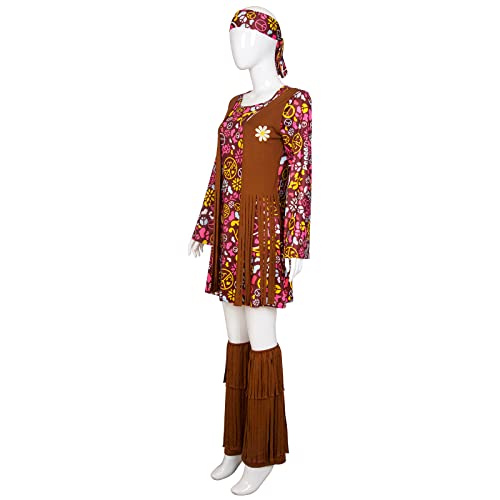 Slorntukn 60S 70S Hippie Costume For Women With Earring Necklace Headband Glasses Dress Socks (Brown, Large) #TOP1