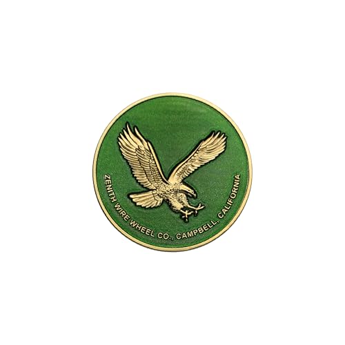 Image of Zenith Eagle Gold & Candy Green Metal Wheel Chip Emblems (Set of 4) | 24K Triple Gold Plated Solid Metal Wheel Chip Emblems, 2.25 inch | for Lowriders w /Recessed Knock Off Spinner Caps