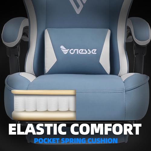 Image of Vonesse Gaming Chair, Computer Chair Fabric with Pocket Spring Cushion, Office Chair with Footrest and Massage Lumbar Support, Reclining Gaming Chairs for Adults 250LBS (Blue)