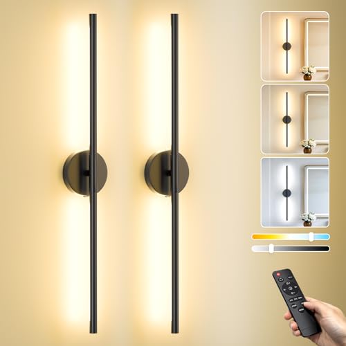 Image of Ollny Rechargeable Wall Sconce Lights 73CM 2 Pack, 8000mAh Battery Operated Wall Lamp Wireless, Remote/Dimmable/Timer/360° Rotatable/3 Color Temperature, Wall Lights for Living Room Bedroom Hallway