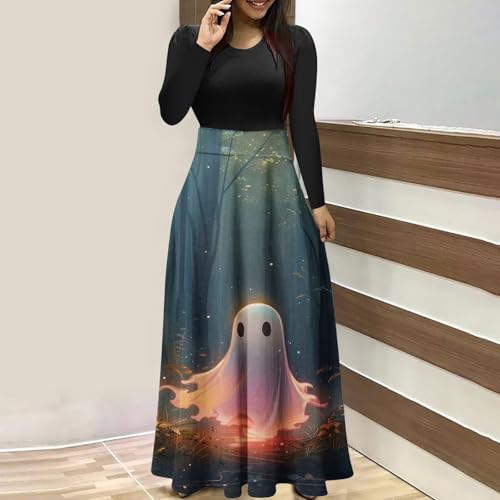 Vestidos femininos de manga longa slim túnica para mulheres, gola canoa, férias, Halloween, engraçad
