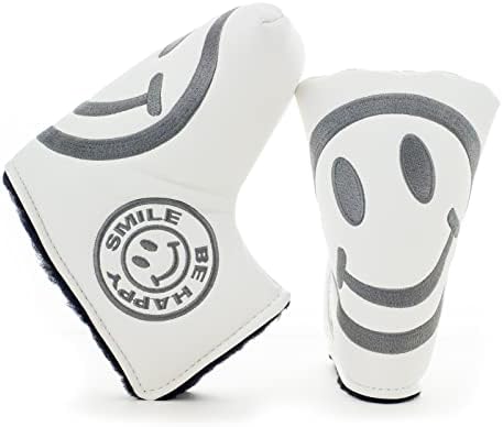 19th Hole Custom Shop Smile Face Golf Headcover for Blade and Midsize Mallet Putter, White, Head Cover