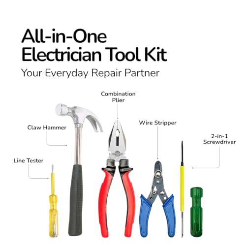Image of 5-in-1 Hand Tool Kit - Combination Plier, Wire Stripper, Claw Hammer, Line Tester & 2-in-1 Screwdriver Set for Electricians & Home Use