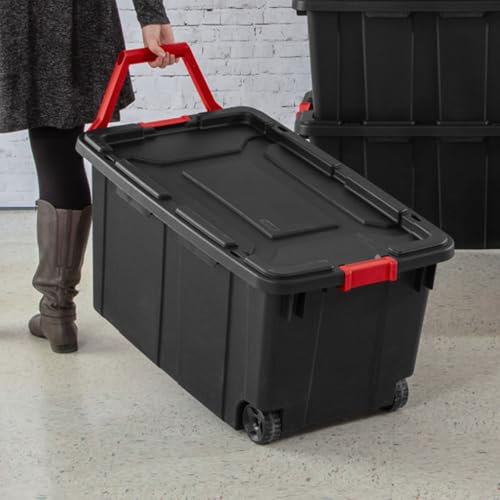 Image of Sterilite 8-Pack Industrial Tote, Heavy-Duty Storage Bins w /Lids and Wheels, 40 Gallon - Stackable Organizing Containers for Home, Garage, Office, and Basement
