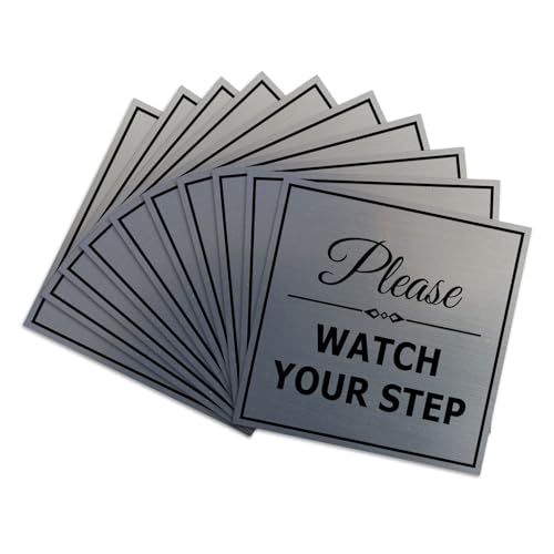 Signs ByLITA Square Classy Please Watch Your Step Sign | Safety Sign with Easy Installation (Brushed Silver) - Small 10 Pack