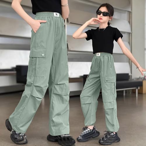 Girls Cargo Pants with Pockets Streetwear Solid Color Casual Comfortable Stretchable Durable Soft Fabric for 4-143