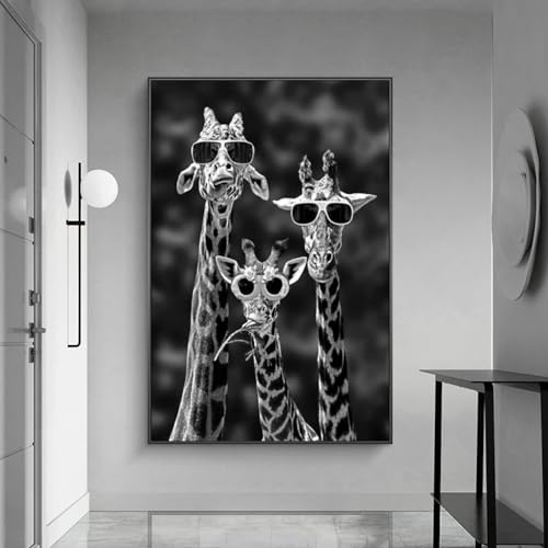 Affiches et impressions animaux noir et blanc girafe avec lunettes