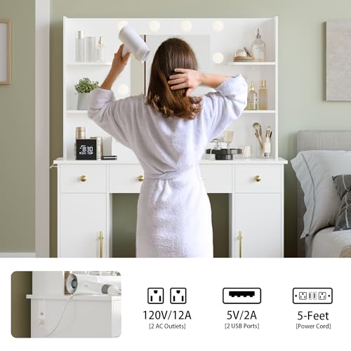 Image of Wodeer Makeup Vanity Desk with Mirror and Lights, 43 inch White Vanity Set with 3 Drawers, Power Outlet & Adjustable RGB LED Lights, Dressing Table with Storage Shelf for Women & Girls Bedroom