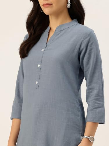 Image of feranoid Women's Plain Cotton Kurta with Mandarin Collar, 3 /4 Sleeves & Pocket