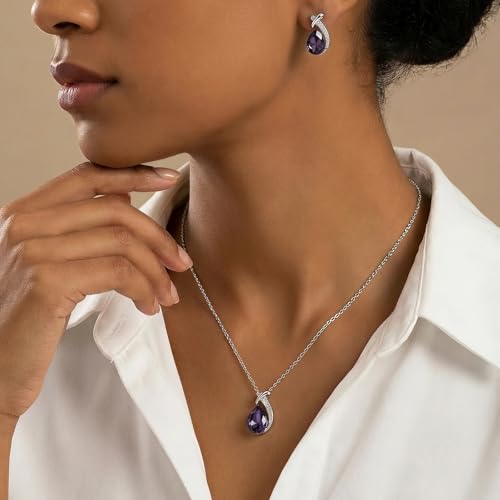 Ephira 18" Silver Teardrop Pendant Necklace Teardrop Earrings Stud, Cubic Zirconia Crystal Teardrop Pendant Jewelry Set for Women, Gift Set For Bridesmaids,Wife,Mother,Girlfriend (Purple) by Ephira - Used condition - Image 3