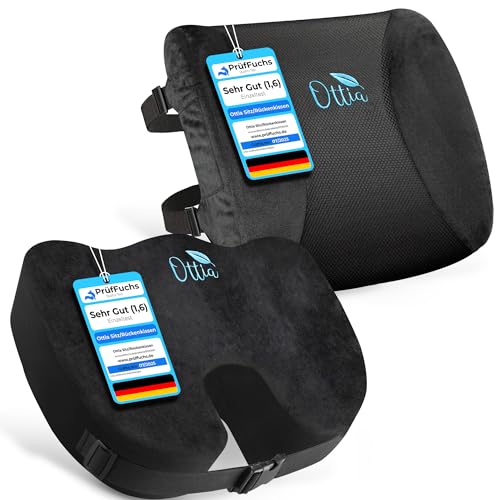 Preisvergleich Produktbild Ottia® Sitzkissen Orthopädisches, Lendenwirbelkissen, Rückenkissen für Rückenschmerzen. Sitzkissen für Stuhl, Büro, Auto, Reise Rollstuhl. Memory Foam inkl. waschbarer Bezug (Schwarz, Set)